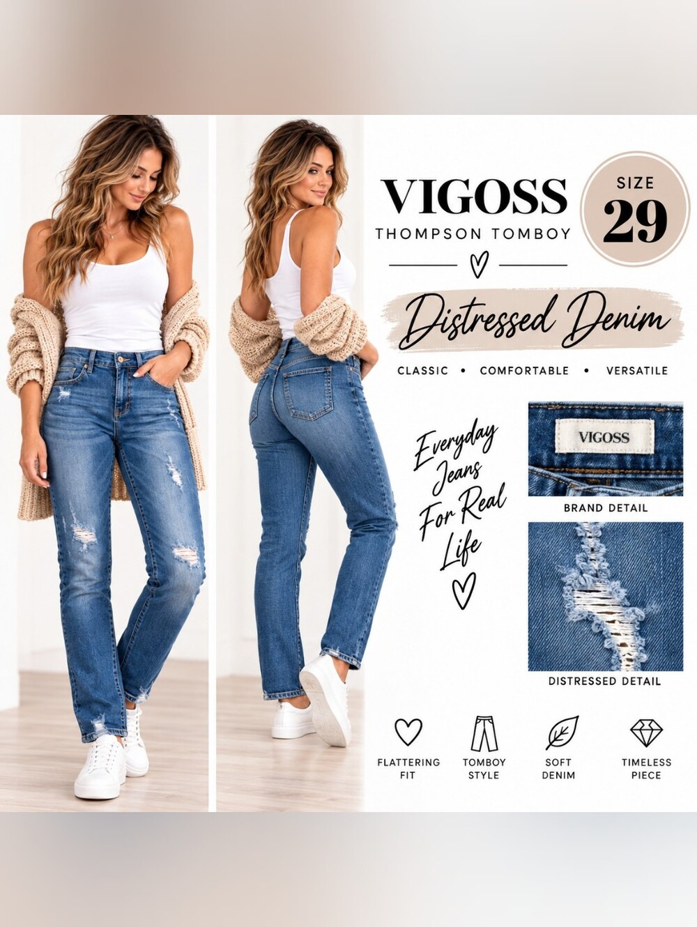 Vigoss Thompson Tomboy Jeans Size 29 Distressed Medium Wash Stretch Denim
